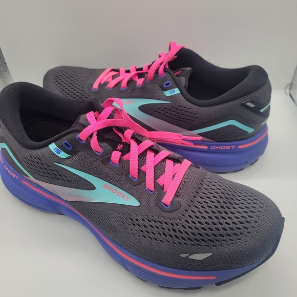 Brooks Ghost 15 Black Pink Aqua Aruba Running Training Shoes Women's Size 10 B - Picture 2 of 12
